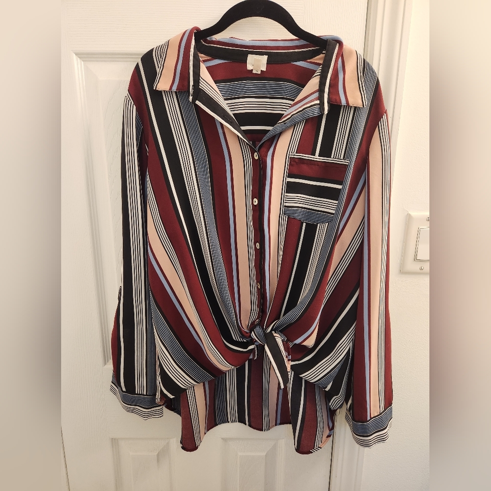 Red and Peach Striped Button Up Shirt